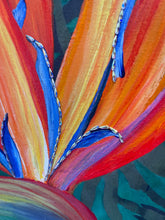 Close detail of Swarovski crystal beading along blue petal edges on Where Fire Blooms by Robyn Moore Arts, bold acrylic bird of paradise bloom