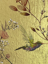 Close detail of Swarovski crystal flower centers and watercolor image transfer hummingbird on First Light by Robyn Moore Arts, gold leaf background