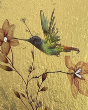 Close detail of Swarovski crystal flower centers and watercolor image transfer hummingbird on First Light by Robyn Moore Arts, gold leaf background