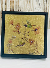 Original hummingbird mixed media artwork 6x6 inches, two watercolor image transfer hummingbirds visiting amber blossoms with Swarovski crystal centers, solid gold leaf background, birch panel, Golden Hour Collection, Robyn Moore Arts