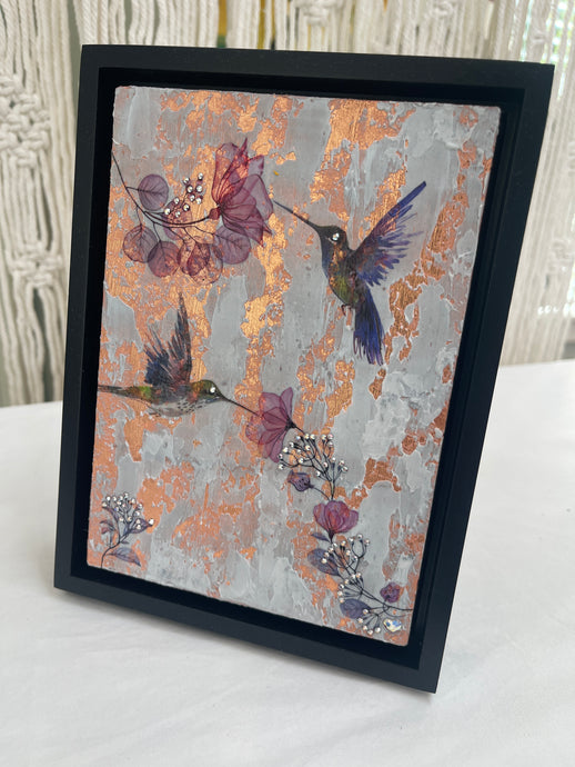 Original hummingbird mixed media artwork 5x7 inches, two watercolor image transfer hummingbirds visiting pink blossoms on crackled copper foil background with Swarovski crystal branch detail, birch panel, Golden Hour Collection, Robyn Moore Arts