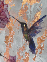 Close detail of Swarovski crystal branch clusters and watercolor image transfer hummingbird on Quiet Company by Robyn Moore Arts, crackled copper foil beneath white texture medium