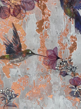 Close detail of Swarovski crystal branch clusters and watercolor image transfer hummingbird on Quiet Company by Robyn Moore Arts, crackled copper foil beneath white texture medium