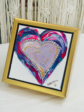Original abstract heart artwork 5x5 inches, bold heart shape in navy teal magenta and crimson acrylic with Swarovski crystal outline and blush gold interior, gallery wrapped canvas, Where Color Takes Root Collection, Robyn Moore Arts