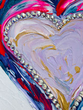 Close detail of Swarovski crystal outline tracing the heart edge on Held Together by Robyn Moore Arts, blush pink and gold textured acrylic interior