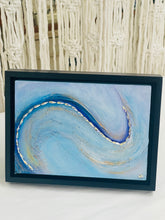 Original abstract mixed media artwork 5x7 inches, deep blue sweeping form traced in Swarovski crystals over textured powder blue and lavender ground with gold veining, birch panel, Where Color Takes Root Collection, Robyn Moore Arts