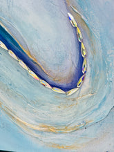 Close detail of Swarovski crystal trail tracing the curve of Ascend by Robyn Moore Arts, layered texture paste with gold veining beneath deep indigo blue acrylic