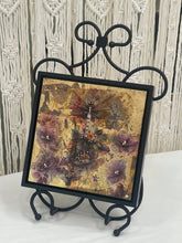 Original dragonfly mixed media artwork 8x8 inches, Swarovski crystal dragonfly body over a weathered gold leaf and watercolor image transfer ground with deep plum wildflowers, birch panel, Golden Hour Collection, Robyn Moore Arts