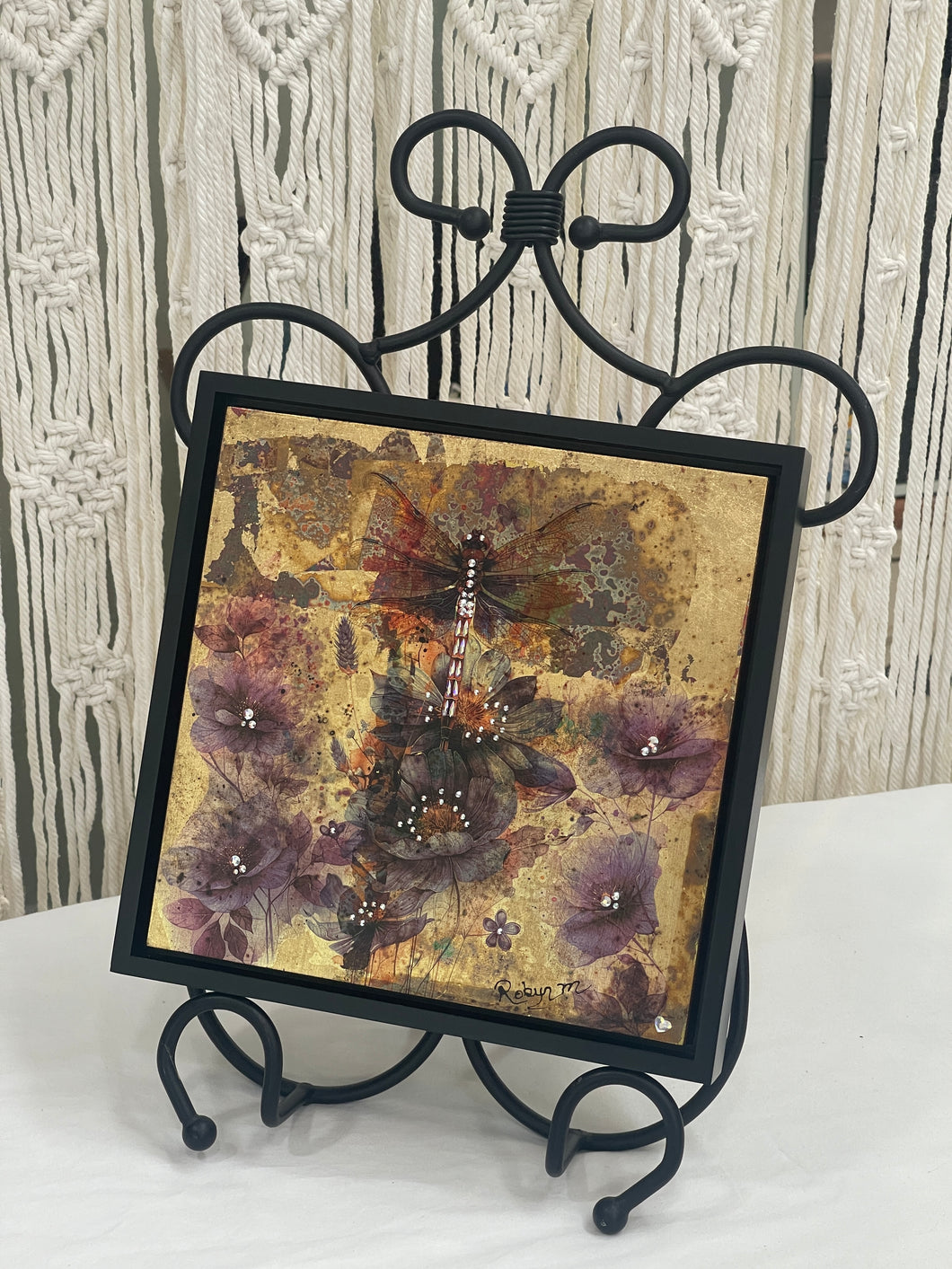 Original dragonfly mixed media artwork 8x8 inches, Swarovski crystal dragonfly body over a weathered gold leaf and watercolor image transfer ground with deep plum wildflowers, birch panel, Golden Hour Collection, Robyn Moore Arts