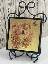 Original rose bouquet mixed media artwork 8x8 inches, layered blush and coral roses with Swarovski crystal centers and two Monarch butterflies, gold leaf ground, birch panel, Golden Hour Collection, Robyn Moore Arts