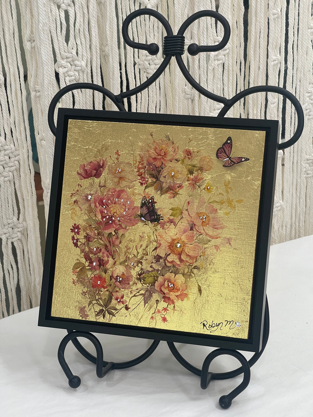Original rose bouquet mixed media artwork 8x8 inches, layered blush and coral roses with Swarovski crystal centers and two Monarch butterflies, gold leaf ground, birch panel, Golden Hour Collection, Robyn Moore Arts
