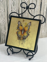 Original butterfly mixed media artwork 8x8 inches, large amber and olive-toned butterfly with Swarovski crystal wing edges, gold leaf ground, birch panel, Golden Hour Collection, Robyn Moore Arts