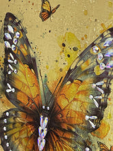 Close detail of Swarovski crystal beading along the wing edges on Jeweled Flight by Robyn Moore Arts, amber and olive watercolor image transfer wings on gold leaf