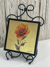 Original poppy mixed media artwork 8x8 inches, single rust-orange bloom with a dense Swarovski crystal center, gold leaf ground, birch panel, Golden Hour Collection, Robyn Moore Arts