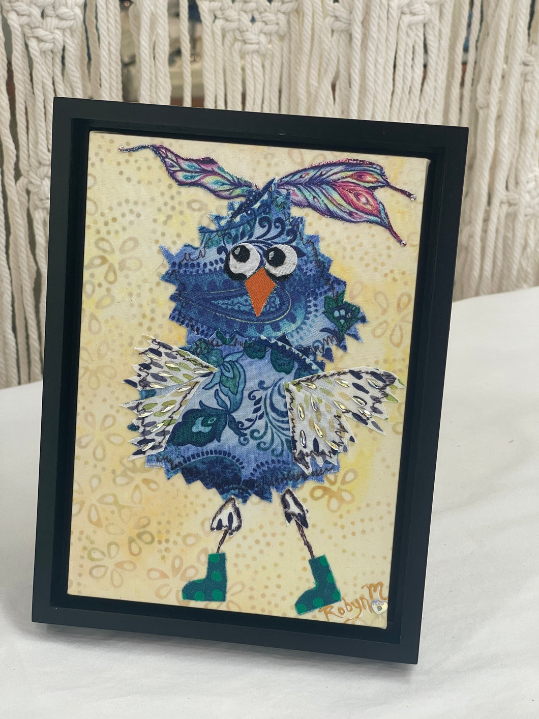 Original whimsical owl fabric artwork 5x7 inches, patchwork blue owl with hand-painted feather wings, Swarovski crystal accents, polka-dot rain boots, birch panel, Whimsical Companions Collection, Robyn Moore Arts