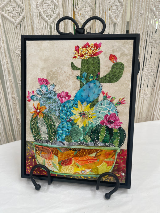 Original cactus garden fabric artwork 9x12 inches, patchwork amber rust terracotta pot, Czech glass bead detail, Swarovski crystal blooms, birch panel, Floral Botanical Collection, Robyn Moore Arts