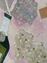 Close detail of Swarovski crystal champagne spray and bubble embellishment on original fabric artwork Rosé All Day by Robyn Moore Arts, showing iridescent lavender grey fabric spray forms with scattered crystal droplets catching light above gold polka dot fabric champagne flute
