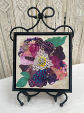 Original fabric flower artwork 8x8 inches, layered plum and magenta batik petals with gold mesh overlay, lace medallion, and Swarovski crystal center, framed, Floral and Botanical Collection, Robyn Moore Arts