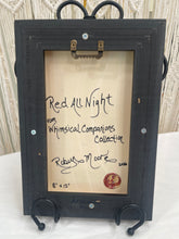 Artist label for original artwork Red All Night by Robyn Moore Arts, 8x12 inches layered fabric with Swarovski crystal accents on cradled birch panel