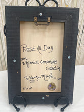 Artist label for original artwork Rosé All Day by Robyn Moore Arts, 8x12 inches layered fabric and Swarovski crystals on cradled birch panel in contemporary matte black floating frame