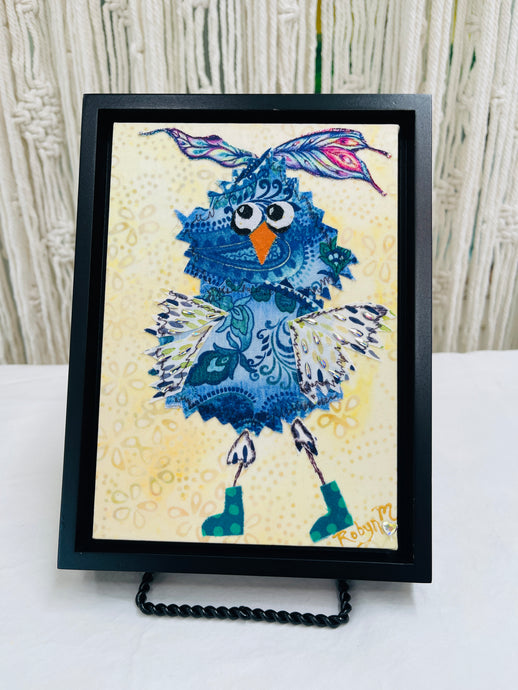 Original whimsical owl fabric artwork 5x7 inches, patchwork blue owl with hand-painted feather wings, Swarovski crystal accents, polka-dot rain boots, birch panel, Whimsical Companions Collection, Robyn Moore Art