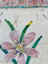 Close detail of the Swarovski crystals scattered across the floral fabric border and center on Where Light Softens by Robyn Moore Arts