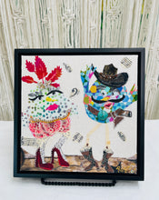 Original quirky bird duo fabric artwork 8x8 inches, glamorous bird with red leaf crown and rhinestone heels beside a cowboy bird in a jeweled hat, fabric music notes, birch panel, Whimsical Companions Collection, Robyn Moore Arts