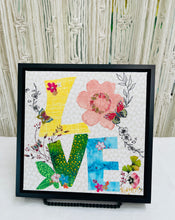 Original LOVE fabric artwork 8x8 inches, fabric letters spelling love with Swarovski crystal flowers and butterflies, hand-inked botanical illustration, birch panel, Floral Botanical Collection, Robyn Moore Arts