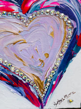 Close detail of Swarovski crystal outline tracing the heart edge on Held Together by Robyn Moore Arts, blush pink and gold textured acrylic interior