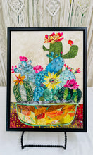 Original cactus garden fabric artwork 9x12 inches, patchwork amber rust terracotta pot, Czech glass bead detail, Swarovski crystal blooms, birch panel, Floral Botanical Collection, Robyn Moore Arts