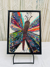 Original butterfly fabric collage artwork 9x12 inches, fanned patchwork wings in teal, orange, purple, and red, beaded eye-spot accents, Swarovski crystals, vintage paper background, birch panel, Floral and Botanical Collection, Robyn Moore Arts
