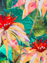 Close detail of Czech glass bead and crystal center embellishment on original fabric botanical artwork Where They Glow by Robyn Moore Arts, showing jewel like bead and Swarovski crystal work catching light against deep crimson fabric flower center