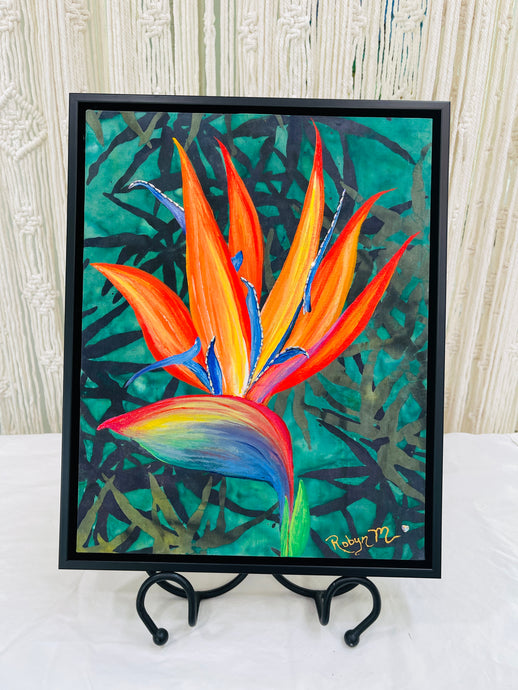 Colorful bird of paradise flower painting with vivid orange, red, and blue tones against a lush green abstract background