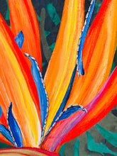 Close detail of Swarovski crystal beading along blue petal edges on Where Fire Blooms by Robyn Moore Arts, bold acrylic bird of paradise bloom
