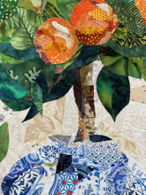 Close detail of vintage paper ephemera background and Czech glass bead embellishment on original fabric botanical artwork Heavy with Sweetness by Robyn Moore Arts, showing layered handwritten letters sheet music and printed text beneath fabric blooms