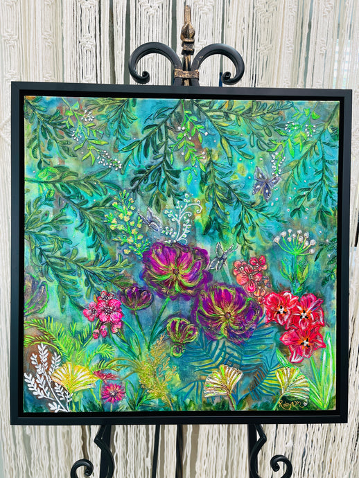 Original botanical acrylic artwork 20x20 inches, jewel-toned garden of plum and crimson ruffled blooms with trailing fern foliage, gold leaf accents, and scattered Swarovski crystal detail, framed, Where Color Takes Root Collection, Robyn Moore Arts