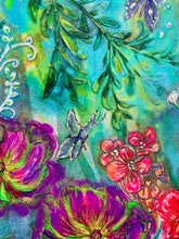 Close detail of scattered Swarovski crystal accents on butterfly wings and berry clusters on Where the Wild Grows by Robyn Moore Arts, layered acrylic garden foliage
