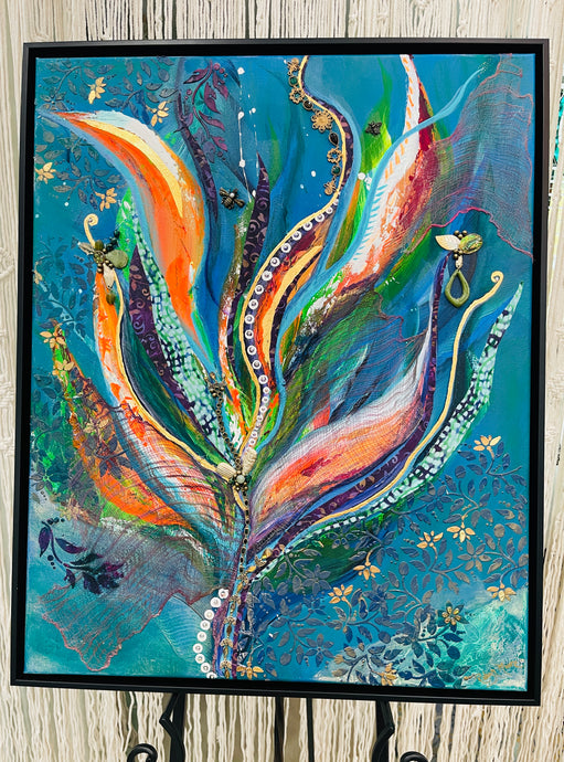 Original botanical mixed media artwork 24x30 inches, large upward bloom in teal orange and plum fabric with gold leaf edges, threaded with found jewelry and a Swarovski crystal chain, gallery wrapped canvas, Floral Botanical Collection, Robyn Moore Arts