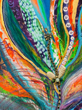 Close detail of found jewelry and Swarovski crystal chain woven through gold-leafed petals on Worn Treasure by Robyn Moore Arts, hand-dyed cheesecloth texture beneath acrylic paint
