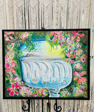 Original acrylic and fabric mixed media floral waterfall painting 24x30 inches, cascading white and aqua waterfall with gold detail, oversized pink blooms and lush green foliage border, luminous sky and distant island beyond, gallery wrapped canvas, part of the Where Color Takes Root and Floral and Botanical Collections by Robyn Moore Arts