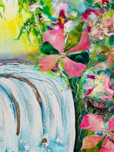 Close detail of layered fabric petals and gold botanical embellishment on original mixed media floral waterfall painting Through the Veil by Robyn Moore Arts, showing oversized pink bloom with fabric texture and gold detail