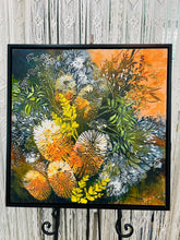 Original textured acrylic botanical painting 24x24 inches, dense composition of banksia blooms and wild botanical forms in peach burnt orange golden yellow and deep green with texture paste dimensional detail, gallery wrapped canvas, part of the Where Color Takes Root and Floral and Botanical Collections by Robyn Moore Arts