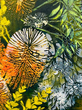 Close detail of texture paste dimensional surface on original acrylic botanical painting Where Earth Holds Light by Robyn Moore Arts, showing three dimensional wildflower forms built up with texture paste in warm peach orange and gold