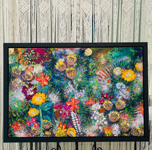 Original large format botanical acrylic painting 36x24 inches, densely layered garden composition with sunflowers protea artichoke blooms red lilies white wildflowers and lush green foliage in yellow orange red magenta and deep blue green, textured dimensional surface, gallery wrapped canvas, part of the Floral and Botanical and Where Color Takes Root Collections by Robyn Moore Arts