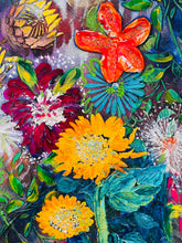 Close detail of textured acrylic surface on original botanical painting Where the Garden Overflows by Robyn Moore Arts, showing dimensional texture medium building protea and artichoke bloom forms in warm gold and yellow with Swareovski crystals against deep moody blue green background