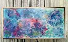 Original large format botanical acrylic painting 24x48 inches, ethereal wash of periwinkle blue lavender coral and peach with tropical leaf silhouettes in teal violet and magenta created through stenciling and nature printing over real leaves, beach sand and texture paste surface detail, gallery wrapped canvas, part of the Where Color Takes Root Collection by Robyn Moore Arts