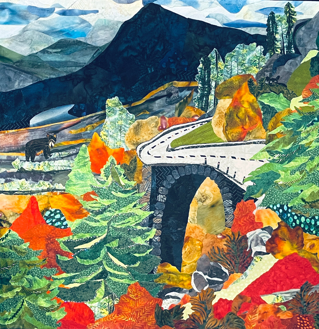 Smoky Passage, a 20x20 fabric collage of the Blue Ridge Parkway with a stone archway, autumn foliage, and layered mountain ridgelines, framed in black.