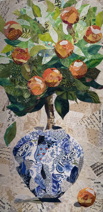 Original mixed media botanical artwork 12x24 inches, lush bouquet of peach and orange fabric blooms in a patchwork blue and white chinoiserie fabric vase, layered green foliage, vintage paper ephemera background with handwritten text and sheet music, Czech glass bead detail, on birch panel, part of the Floral and Botanical Collection by Robyn Moore Arts