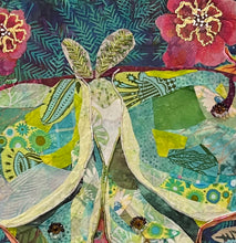 Close detail of gold foil wing edges and Czech glass bead and crystal embellishment on original fabric luna moth artwork Luna in Bloom by Robyn Moore Arts, showing jewel like surface detail against sage and celadon batik fabric wings