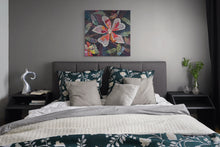 Original fabric botanical artwork Midnight Unfolding by Robyn Moore Arts displayed on a deep teal or jewel toned accent wall in a dramatically styled bedroom
